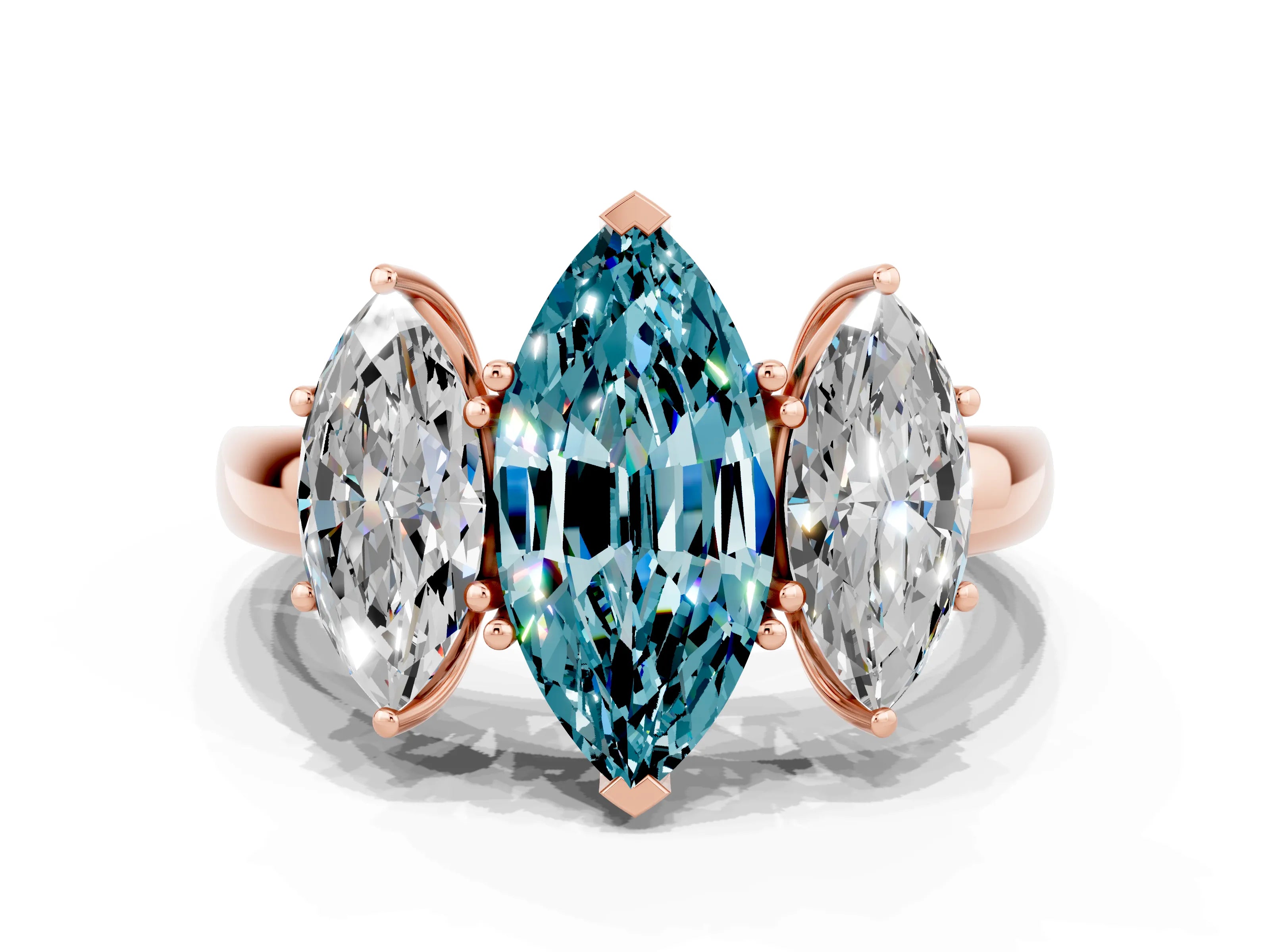 Rose gold Marquise Cut Blue Topaz Three-Stone Ring with Four-Prong Setting and Classic Band
