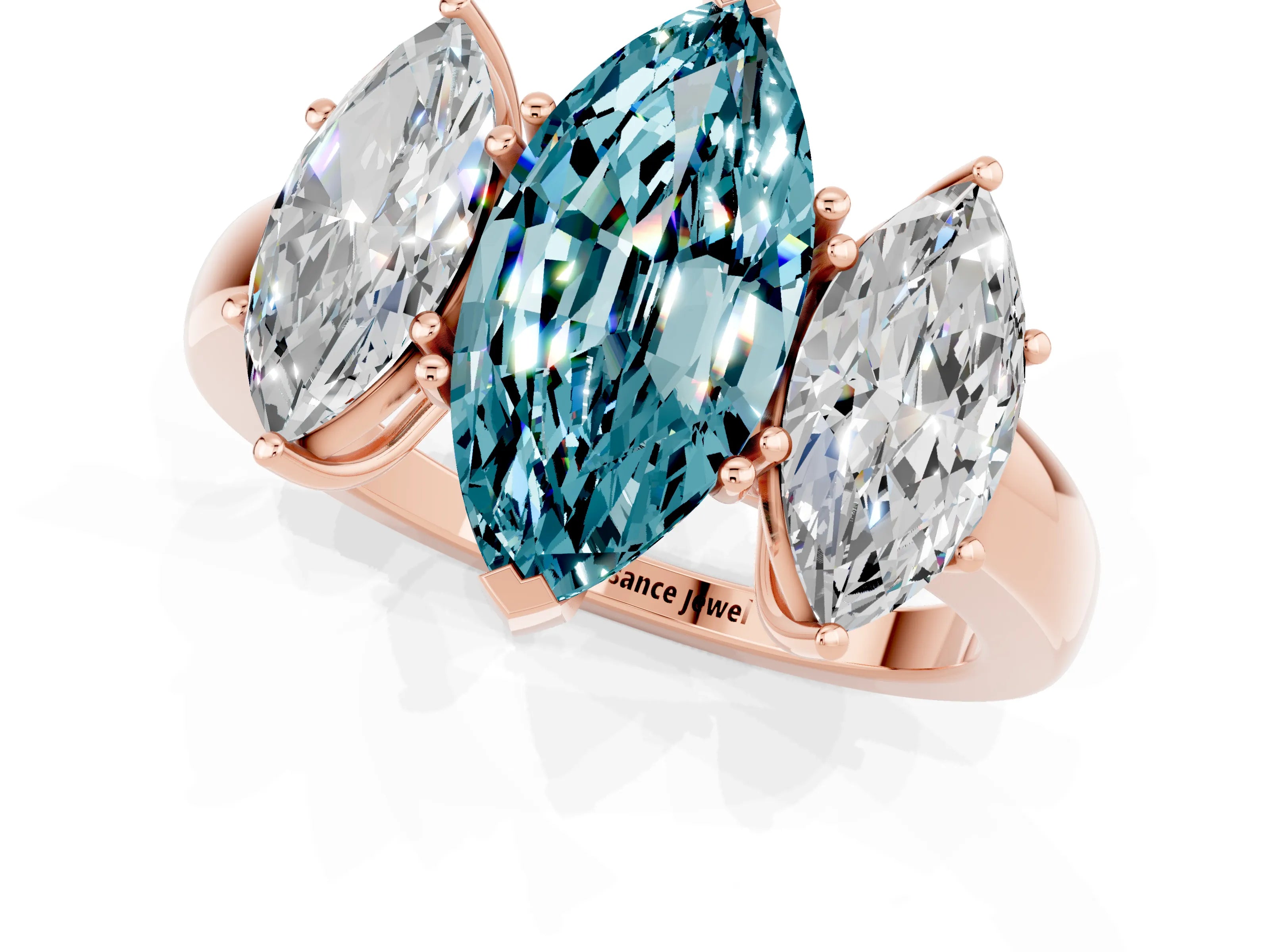 Rose gold Marquise Cut Blue Topaz Three-Stone Ring with Four-Prong Setting and Classic Band_1