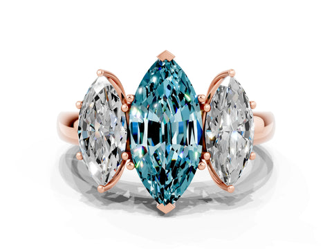 Rose gold Marquise Cut Blue Topaz Three-Stone Ring with Four-Prong Setting and Classic Band