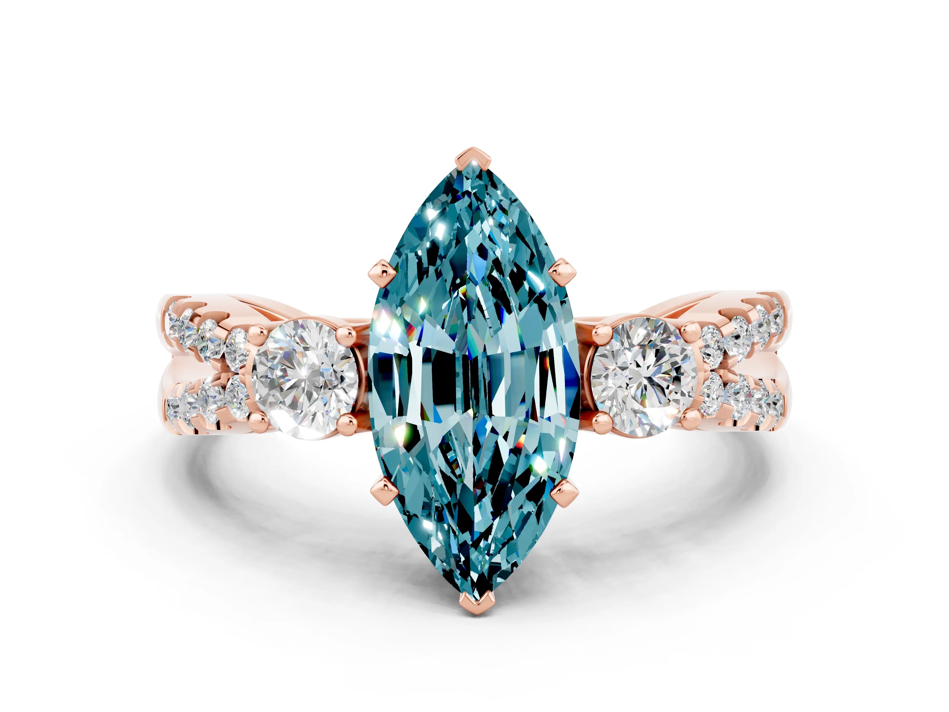 Rose gold Marquise Cut Blue Topaz Three-Stone Ring with Pavé Split Shank and Four-Prong Setting_12