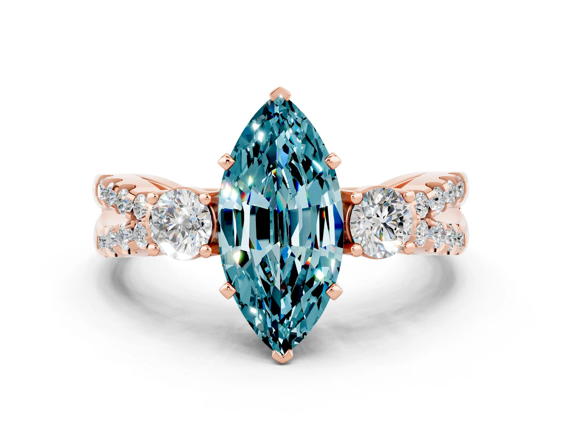 Rose gold Marquise Cut Blue Topaz Three-Stone Ring with Pavé Split Shank and Four-Prong Setting_12