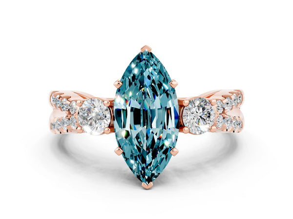 Rose gold Marquise Cut Blue Topaz Three-Stone Ring with Pavé Split Shank and Four-Prong Setting