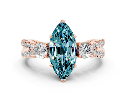 Rose gold Marquise Cut Blue Topaz Three-Stone Ring with Pavé Split Shank and Four-Prong Setting_12