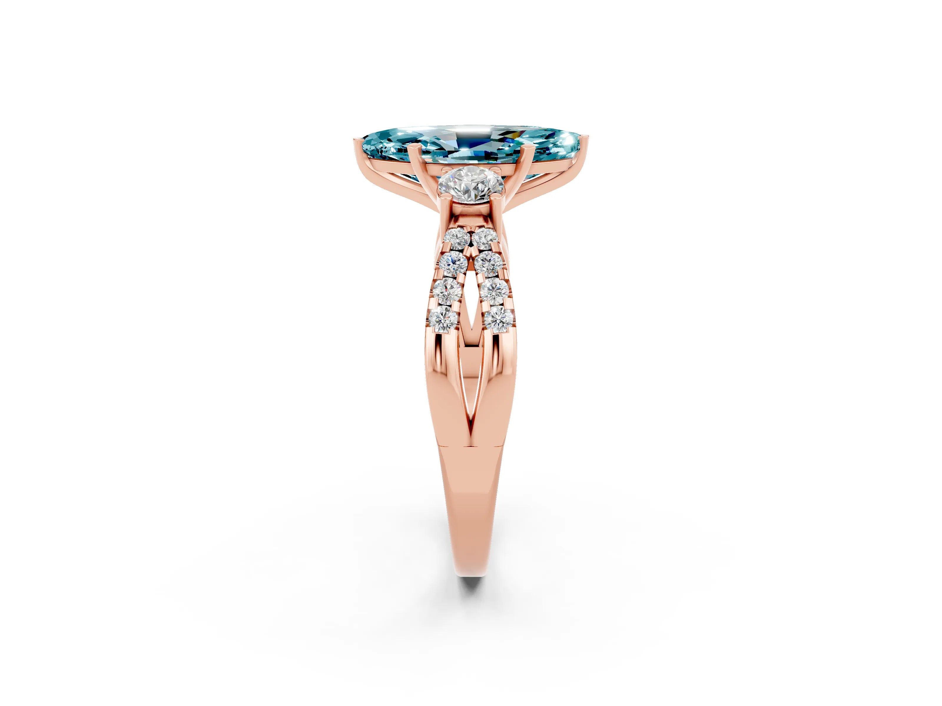 Rose gold Marquise Cut Blue Topaz Three-Stone Ring with Pavé Split Shank and Four-Prong Setting_14