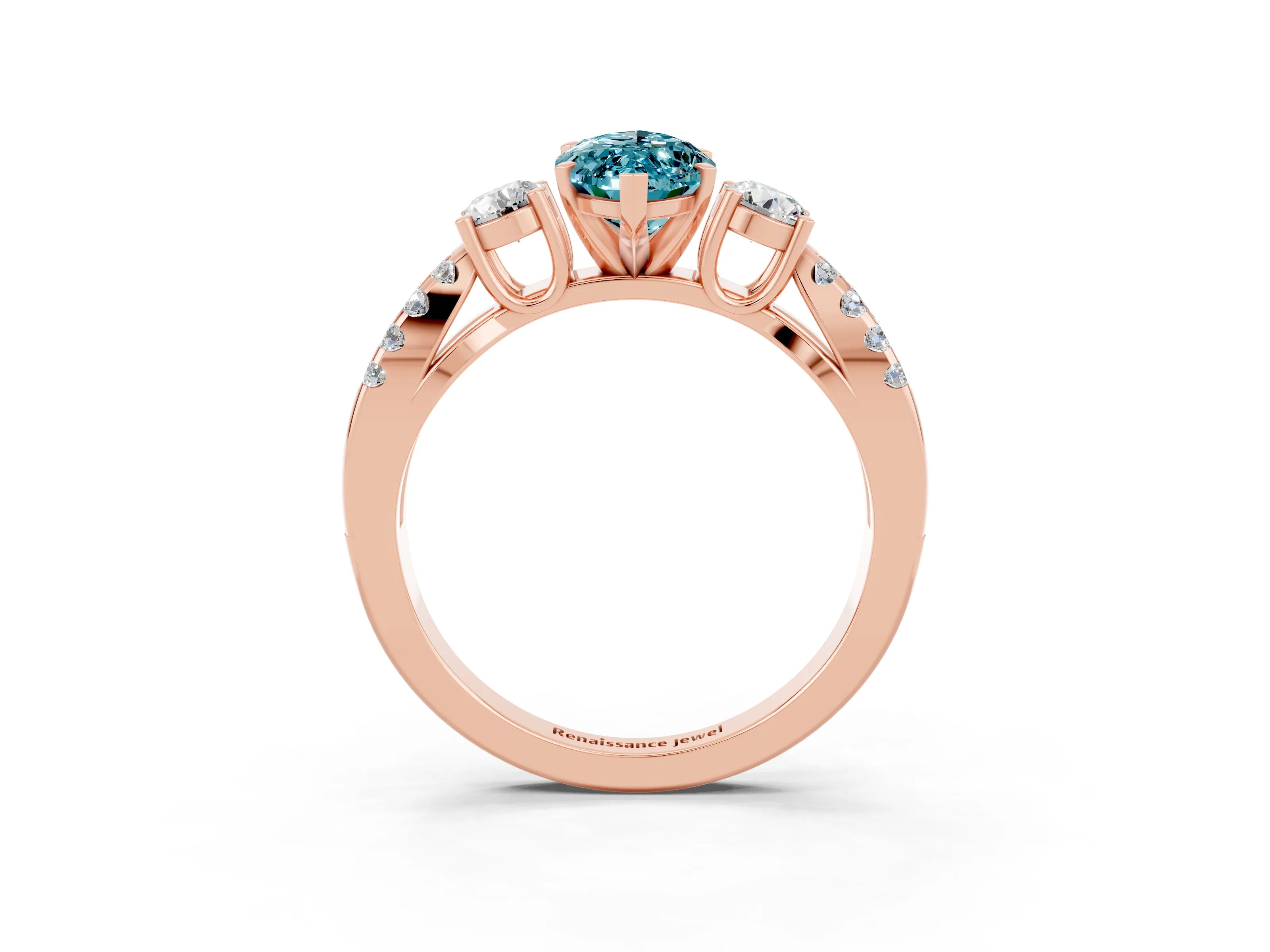 Rose gold Marquise Cut Blue Topaz Three-Stone Ring with Pavé Split Shank and Four-Prong Setting_15
