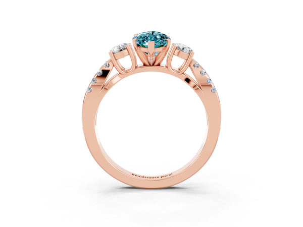 Rose gold Marquise Cut Blue Topaz Three-Stone Ring with Pavé Split Shank and Four-Prong Setting