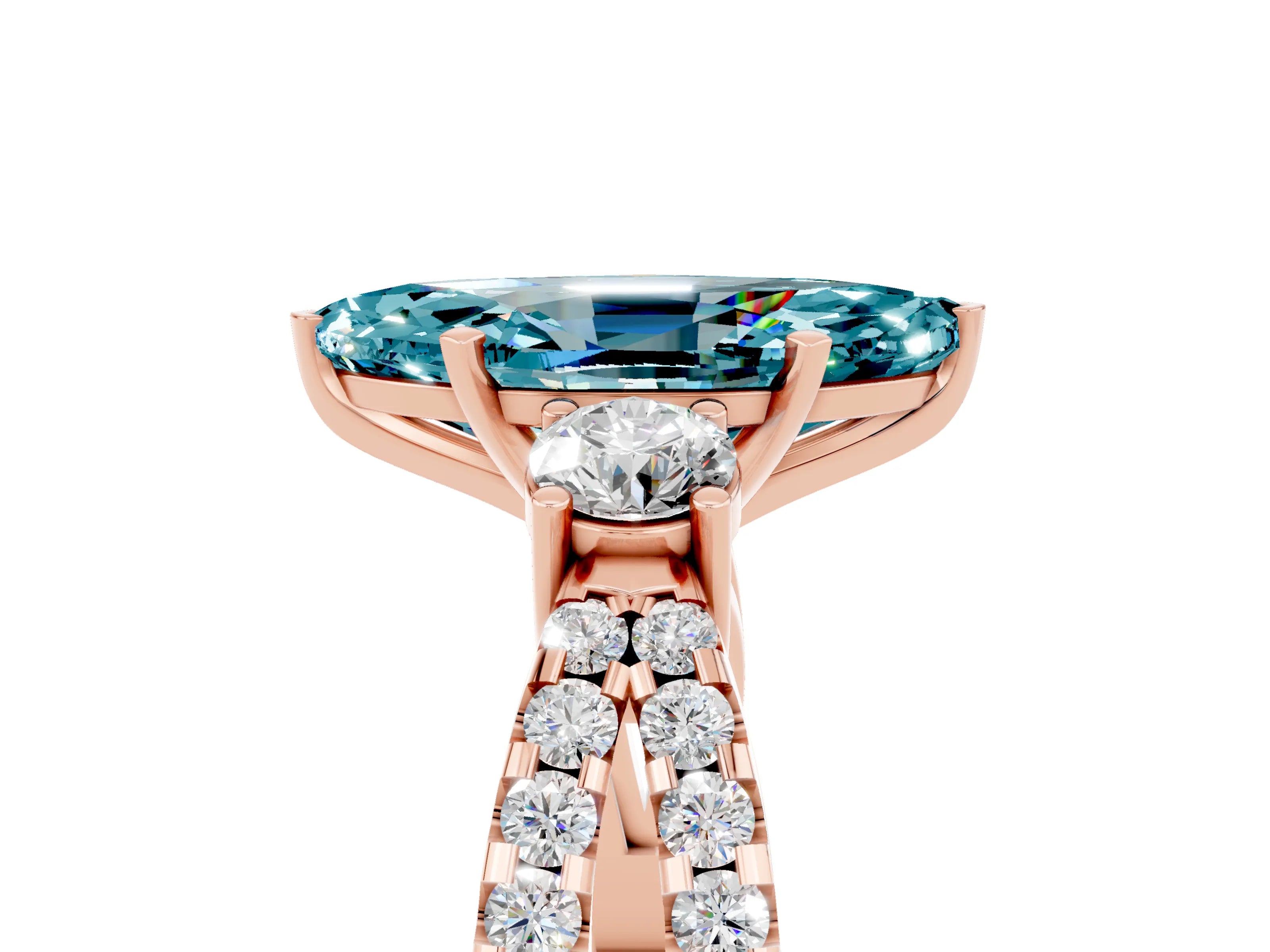 Rose gold Marquise Cut Blue Topaz Three-Stone Ring with Pavé Split Shank and Four-Prong Setting_17