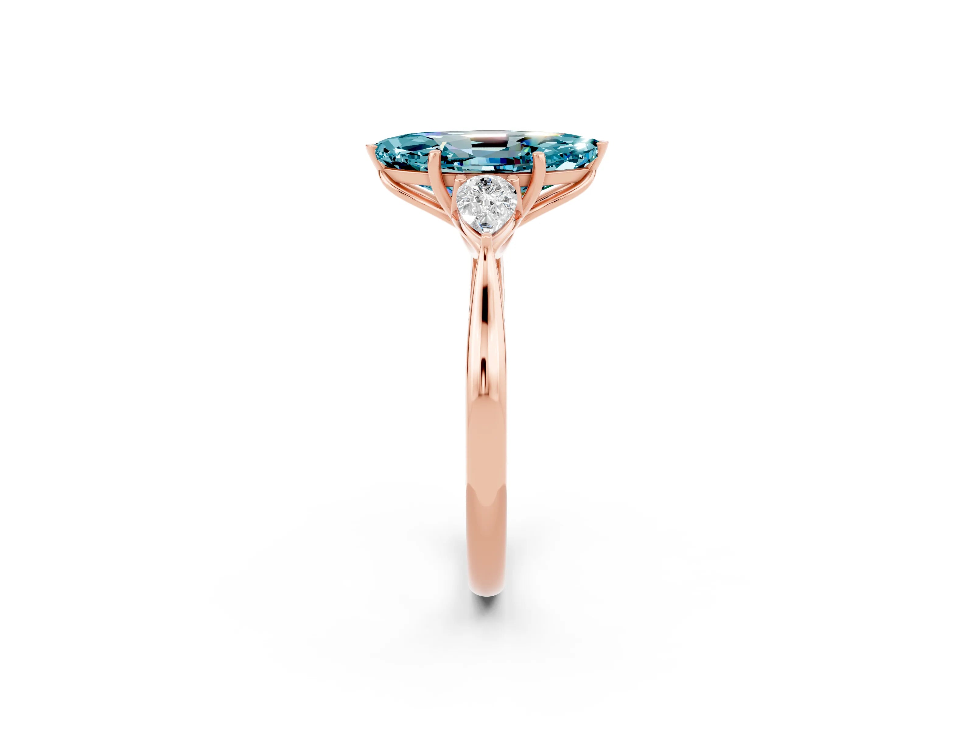 Rose gold Marquise Cut Blue Topaz Three-Stone Ring with Pear Side Stones and Four-Prong Setting_14