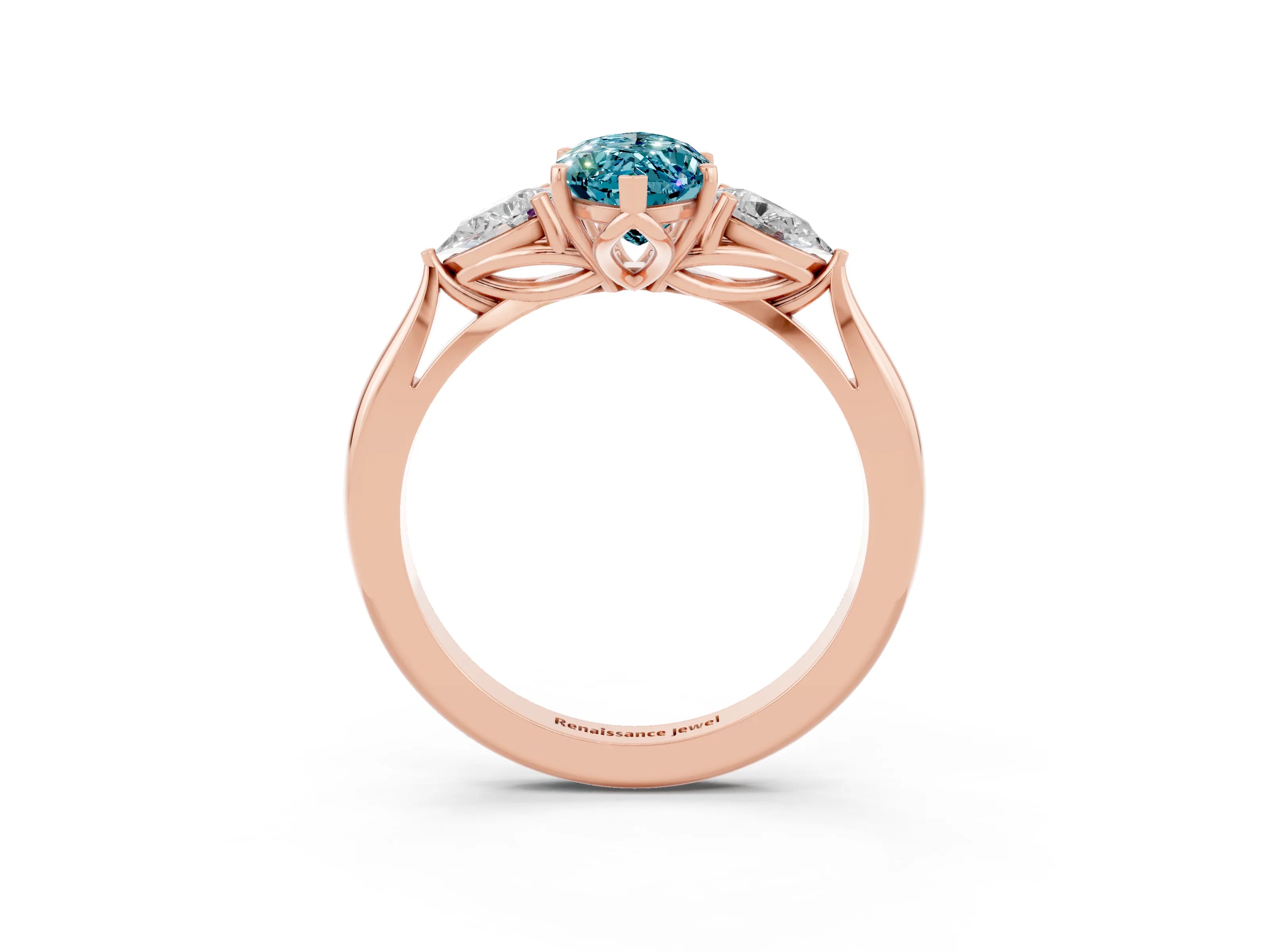 Rose gold Marquise Cut Blue Topaz Three-Stone Ring with Pear Side Stones and Four-Prong Setting_15