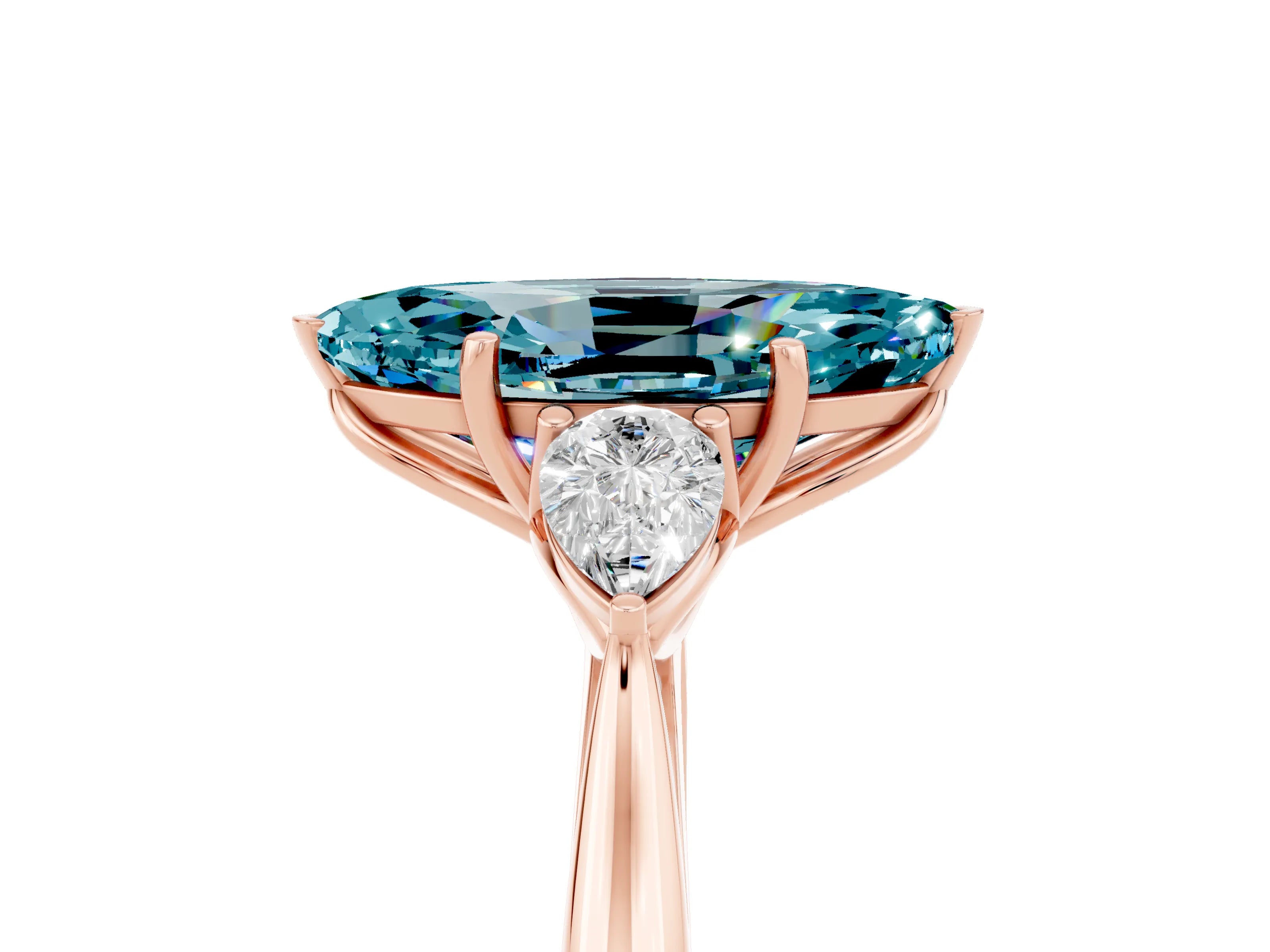 Rose gold Marquise Cut Blue Topaz Three-Stone Ring with Pear Side Stones and Four-Prong Setting_17