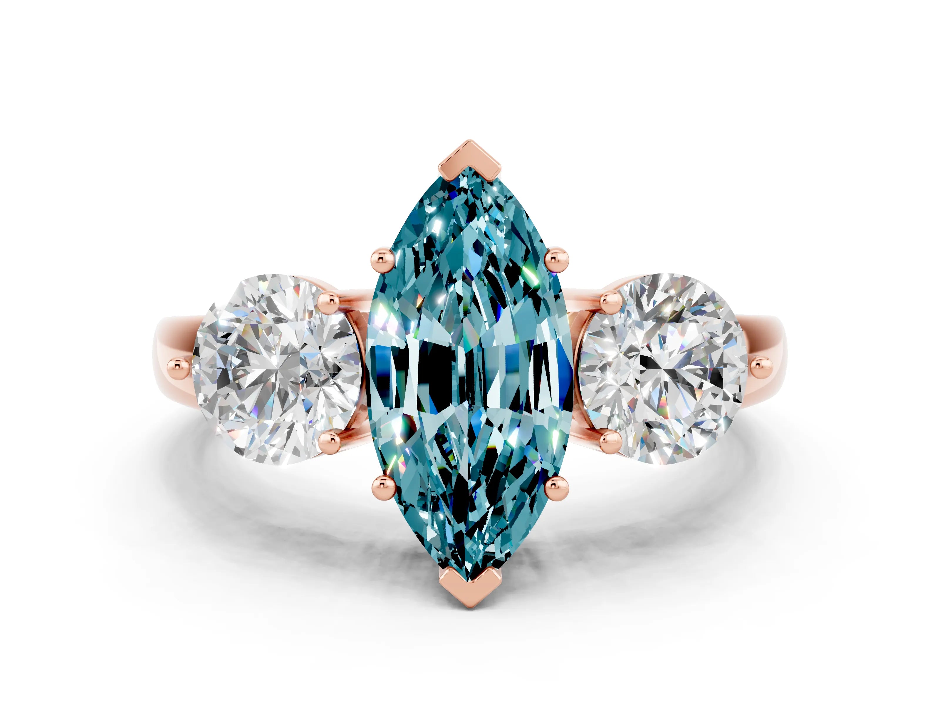 Rose gold Marquise Cut Blue Topaz Three-Stone Ring with Prong Setting and Classic Band