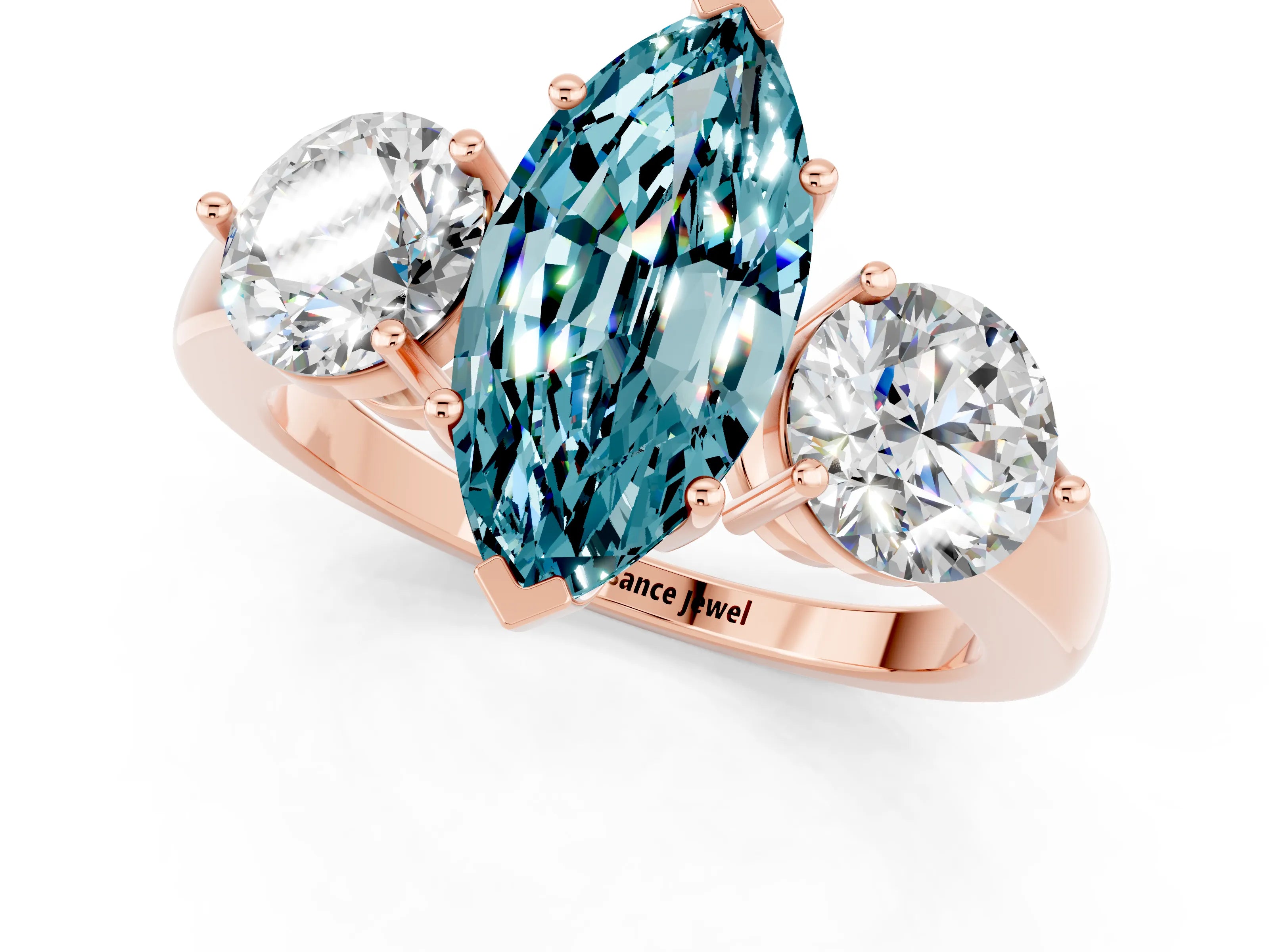 Rose gold Marquise Cut Blue Topaz Three-Stone Ring with Prong Setting and Classic Band_1
