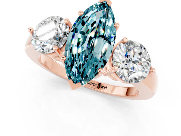Rose gold Marquise Cut Blue Topaz Three-Stone Ring with Prong Setting and Classic Band