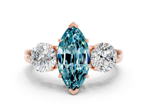 Rose gold Marquise Cut Blue Topaz Three-Stone Ring with Prong Setting and Classic Band