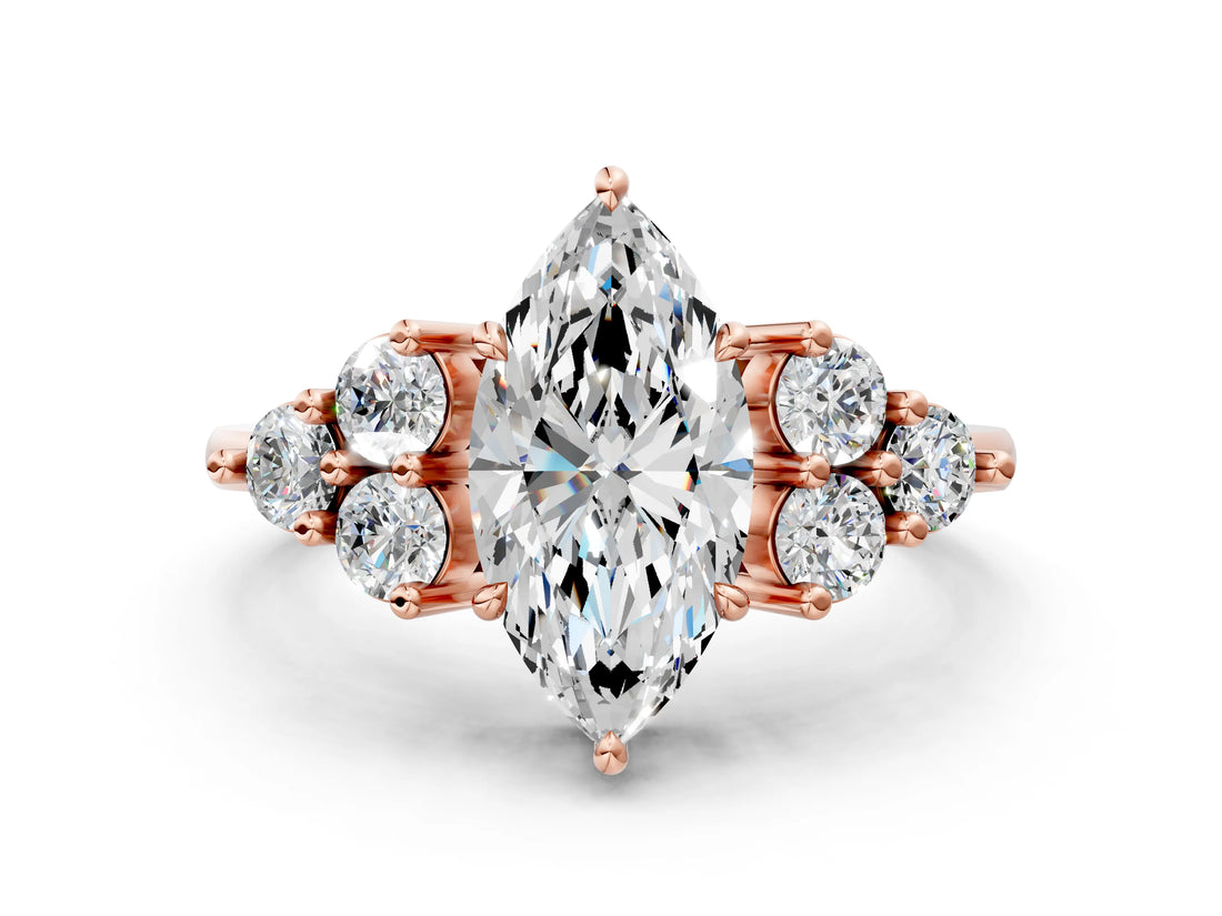 Rose gold Marquise Cut Brilliant Diamond Cluster Accent Solitaire Ring with Prong Setting_3