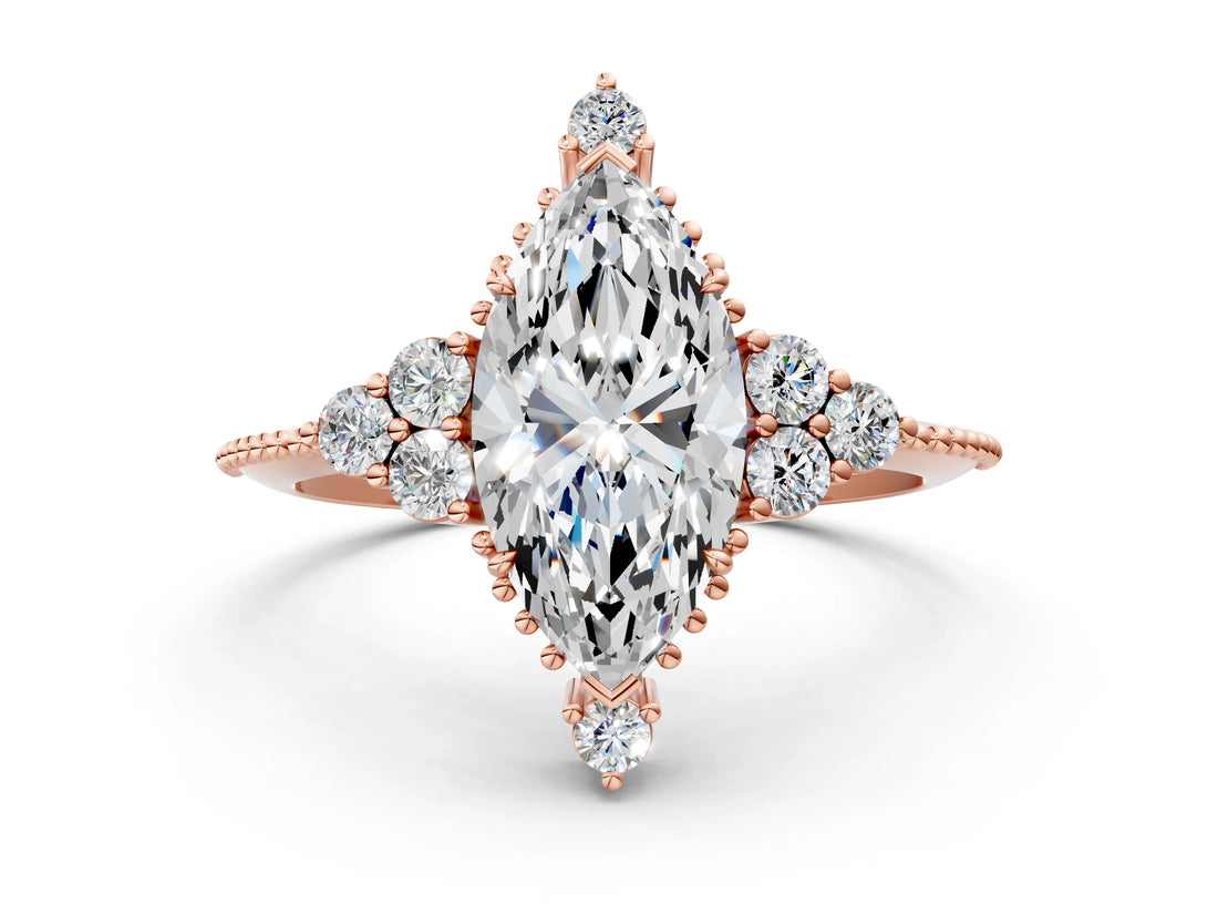 Rose gold Marquise Cut Brilliant Diamond with Cluster Setting on a Beaded Band and Four-Prong Setting_15
