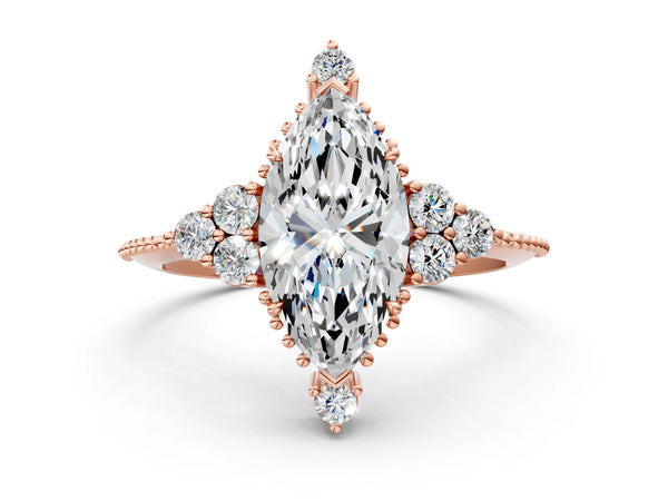 Rose gold Marquise Cut Brilliant Diamond with Cluster Setting on a Beaded Band and Four-Prong Setting