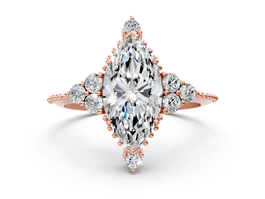 Rose gold Marquise Cut Brilliant Diamond with Cluster Setting on a Beaded Band and Four-Prong Setting