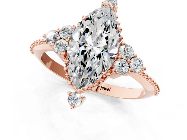 Rose gold Marquise Cut Brilliant Diamond with Cluster Setting on a Beaded Band and Four-Prong Setting