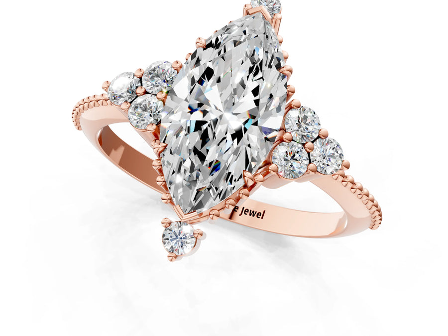 Rose gold Marquise Cut Brilliant Diamond with Cluster Setting on a Beaded Band and Four-Prong Setting