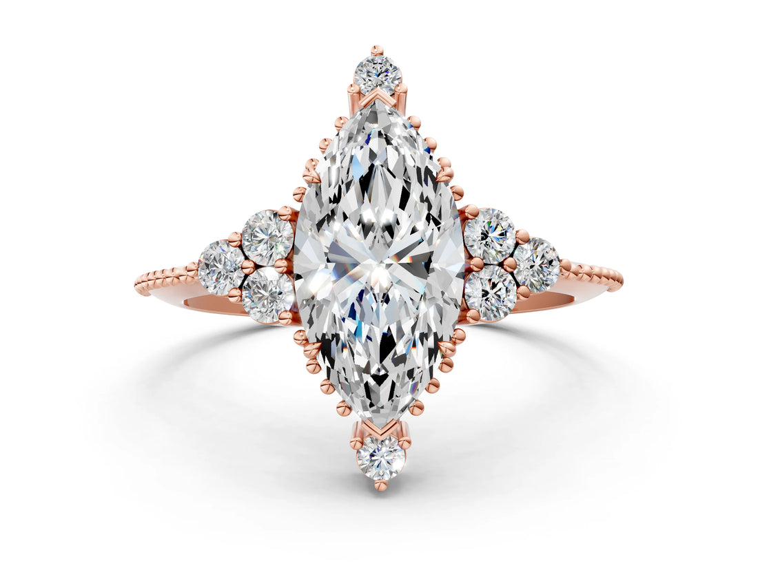Rose gold Marquise Cut Brilliant Diamond with Cluster Setting on a Beaded Band and Four-Prong Setting_3