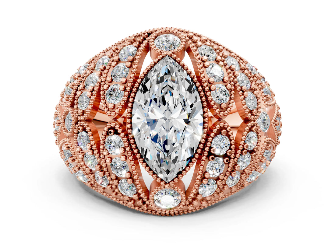 Rose gold Marquise Cut Brilliant Halo Pave Diamond Milgrain Ring_9