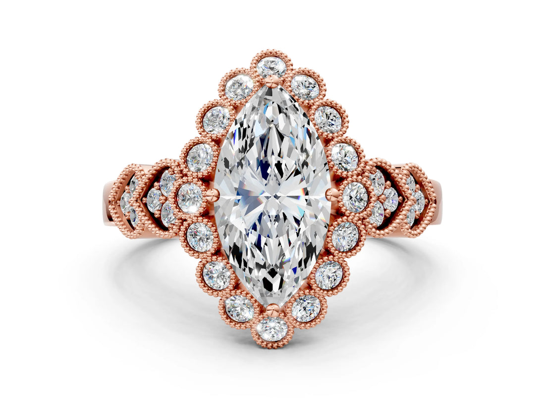 Rose gold Marquise Cut Brilliant Milgrain Pave Heart Band Solitaire Ring_3