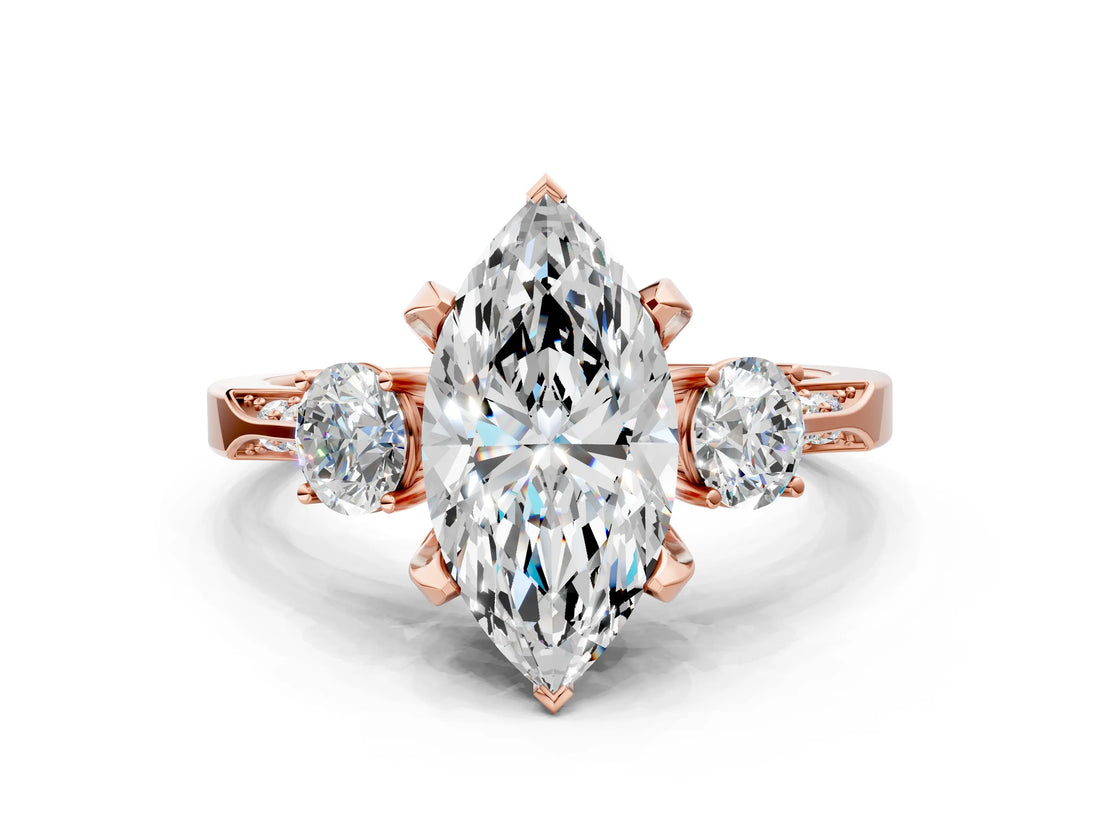 Rose gold Marquise Cut Brilliant Three-Stone Diamond Ring with Pavé Band and Four-Prong Setting_23