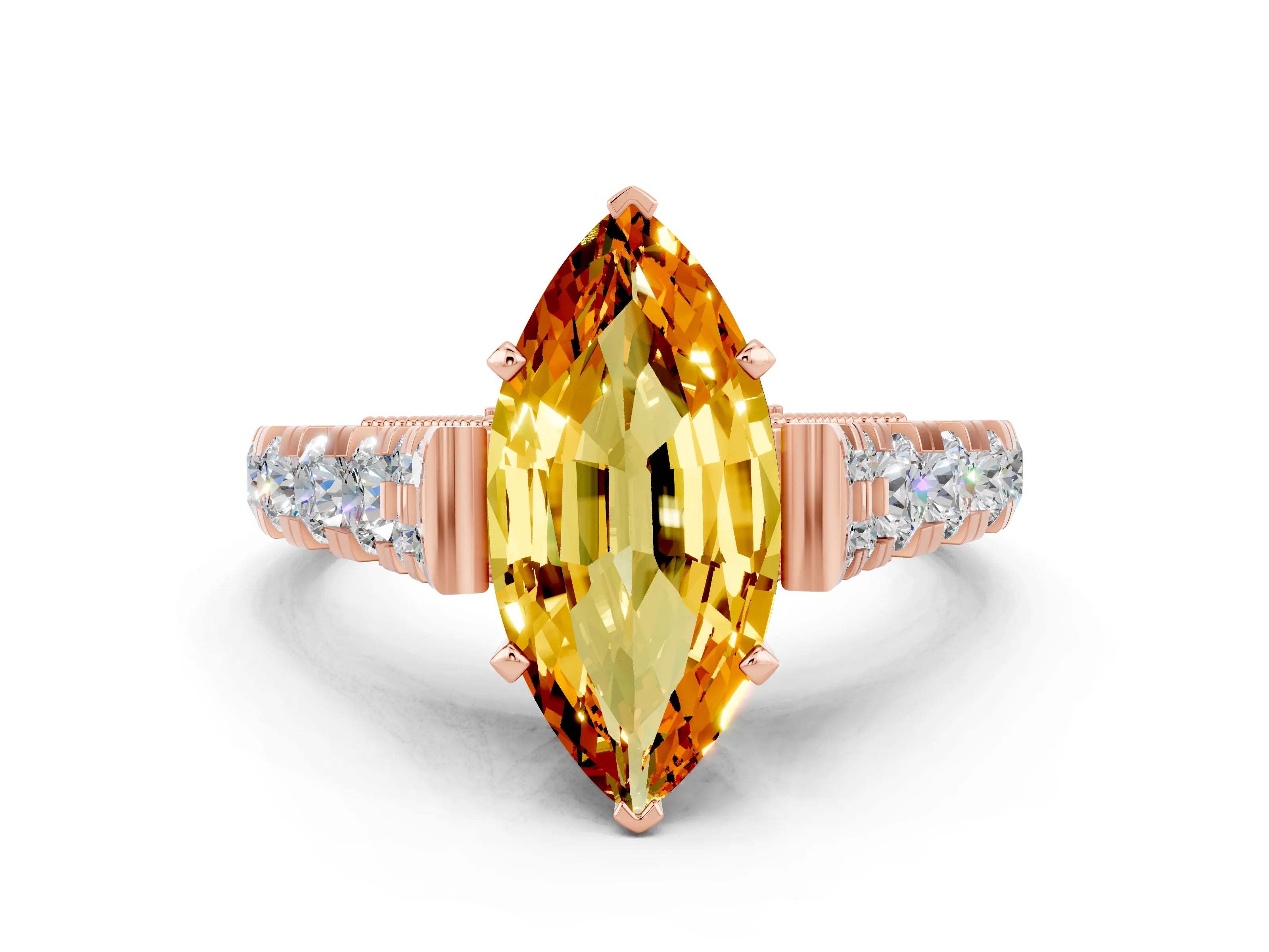 Rose gold Marquise Cut Citrine Classic Solitaire Ring with Pavé Band and Four-Prong Setting