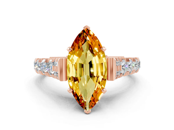 Rose gold Marquise Cut Citrine Classic Solitaire Ring with Pavé Band and Four-Prong Setting