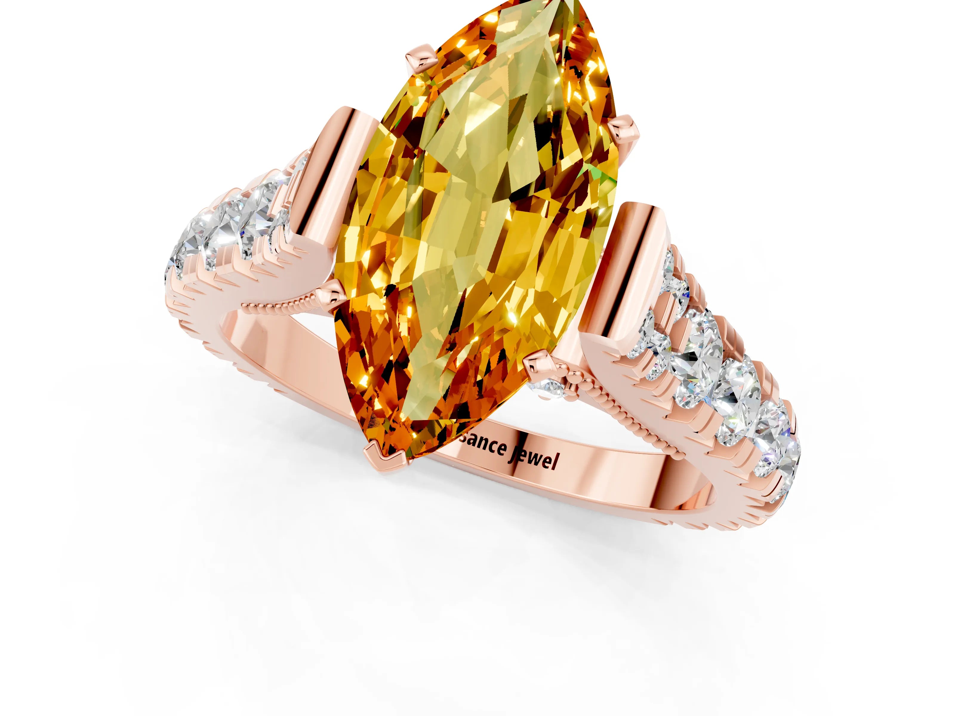 Rose gold Marquise Cut Citrine Classic Solitaire Ring with Pavé Band and Four-Prong Setting_1