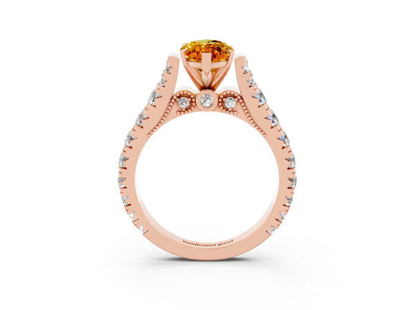 Rose gold Marquise Cut Citrine Classic Solitaire Ring with Pavé Band and Four-Prong Setting