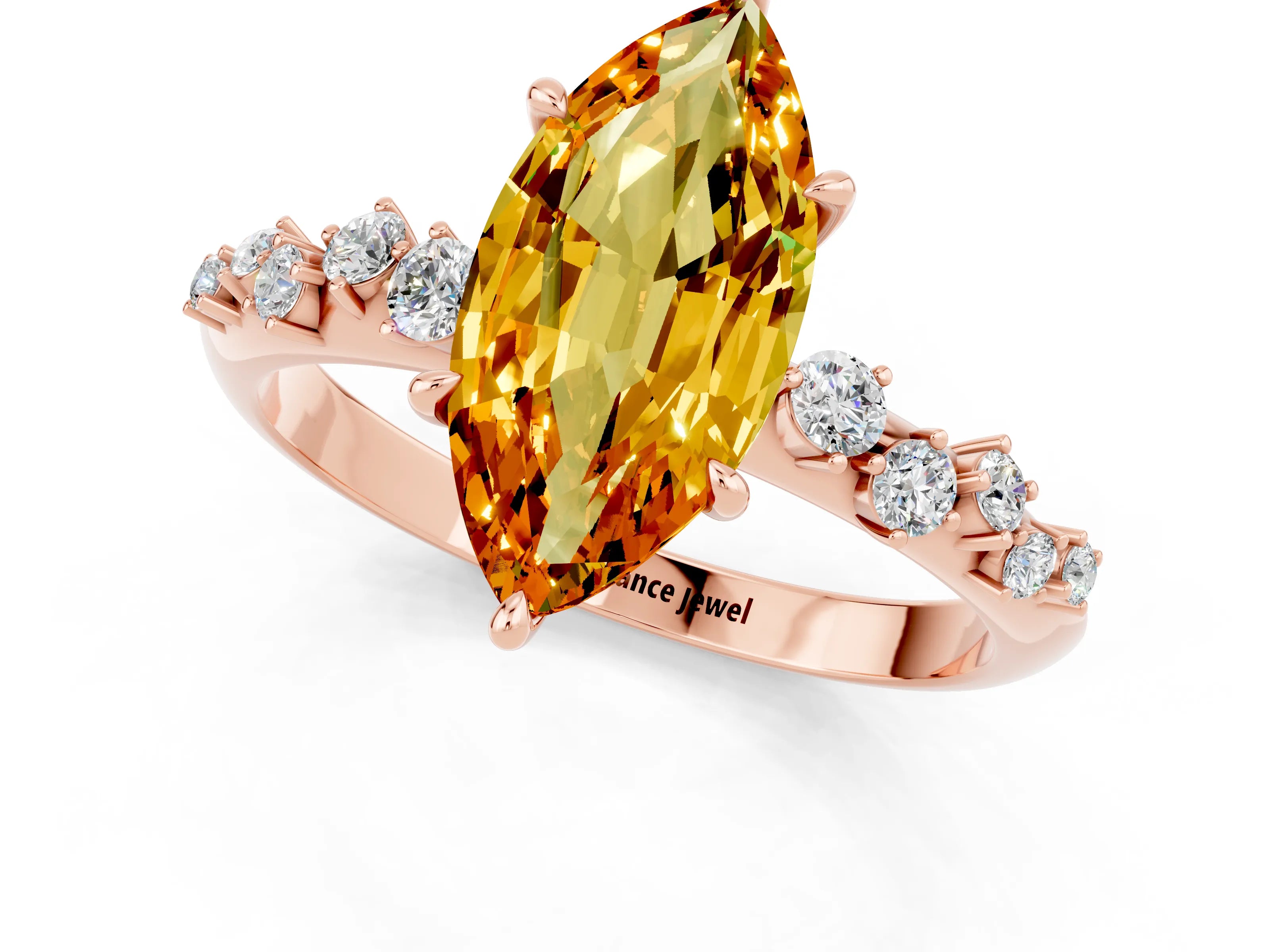 Rose gold Marquise Cut Citrine Cluster Side Stone Solitaire Ring with Prong Setting_25