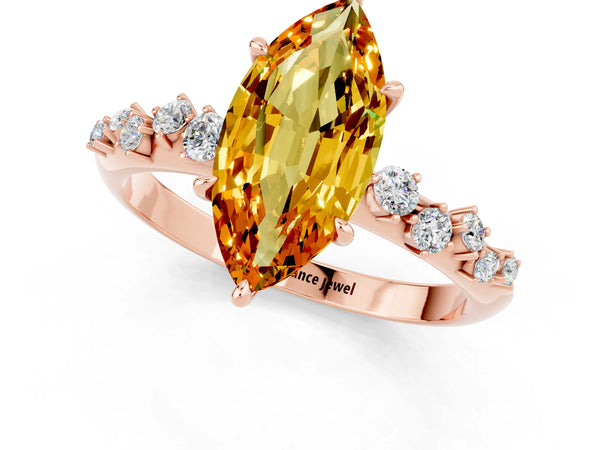 Rose gold Marquise Cut Citrine Cluster Side Stone Solitaire Ring with Prong Setting