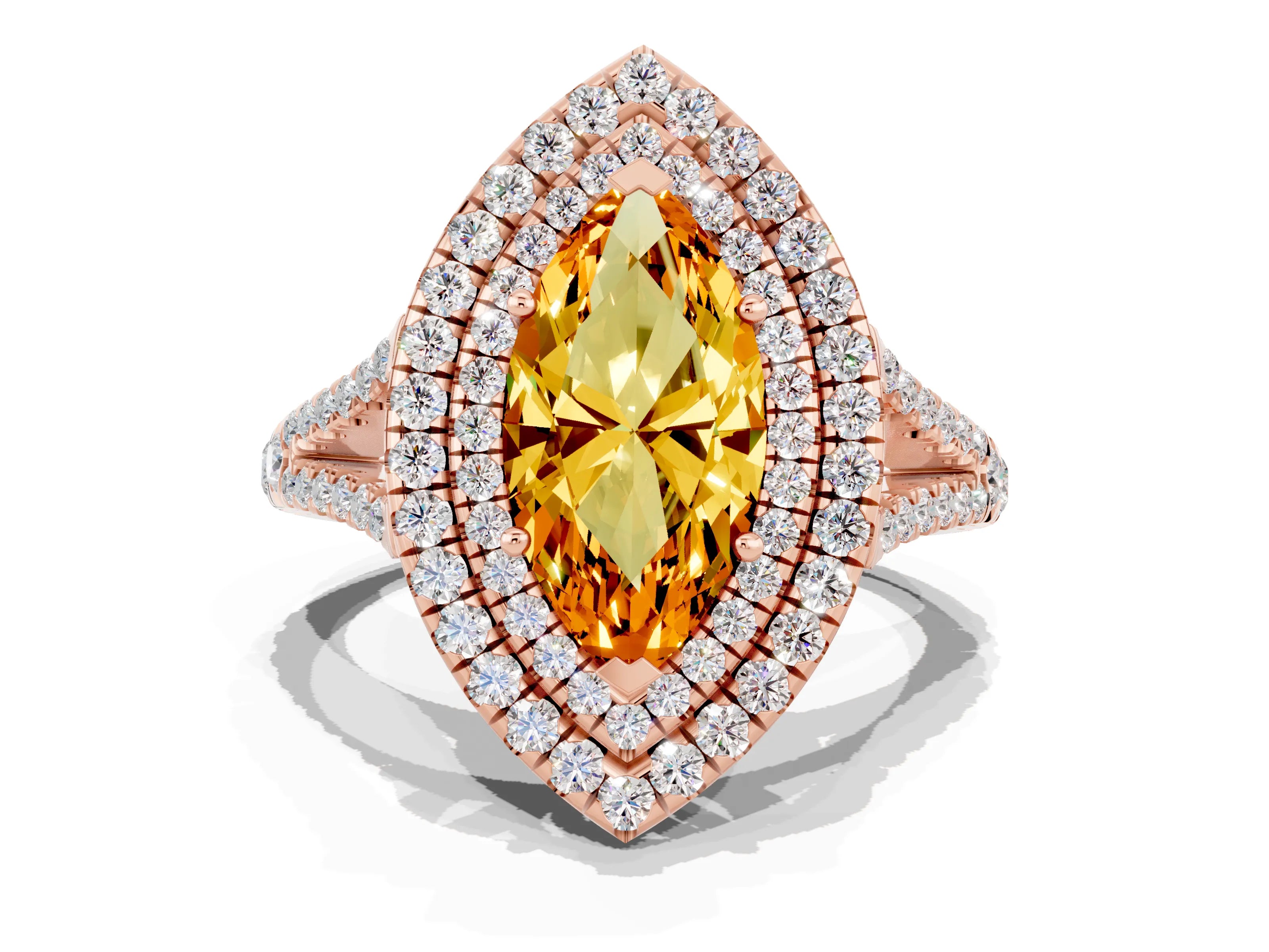 Rose gold Marquise Cut Citrine Double Halo Ring with Pavé Band and Prong Setting_12