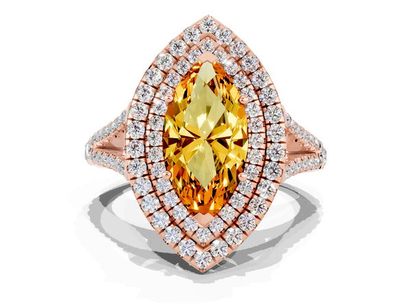 Rose gold Marquise Cut Citrine Double Halo Ring with Pavé Band and Prong Setting
