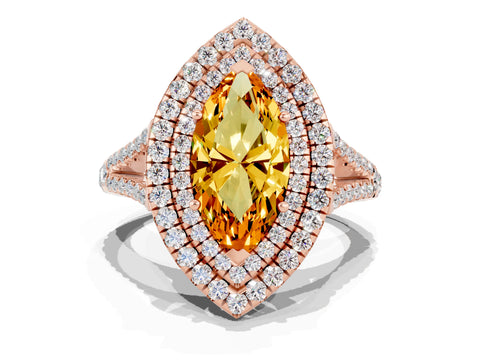 Rose gold Marquise Cut Citrine Double Halo Ring with Pavé Band and Prong Setting_12