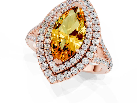 Rose gold Marquise Cut Citrine Double Halo Ring with Pavé Band and Prong Setting_13