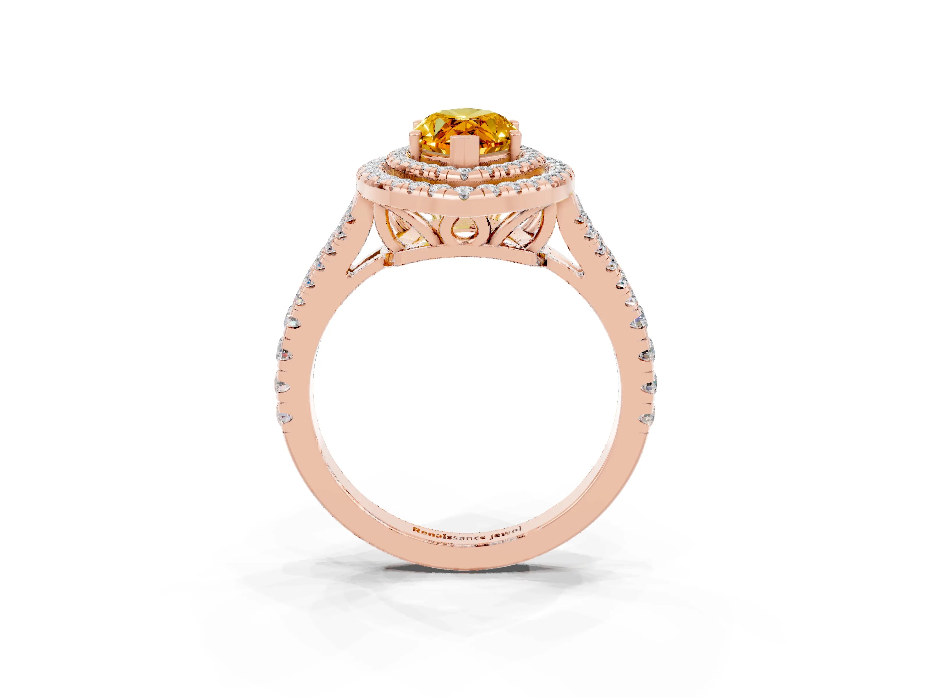 Rose gold Marquise Cut Citrine Double Halo Ring with Pavé Band and Prong Setting_15