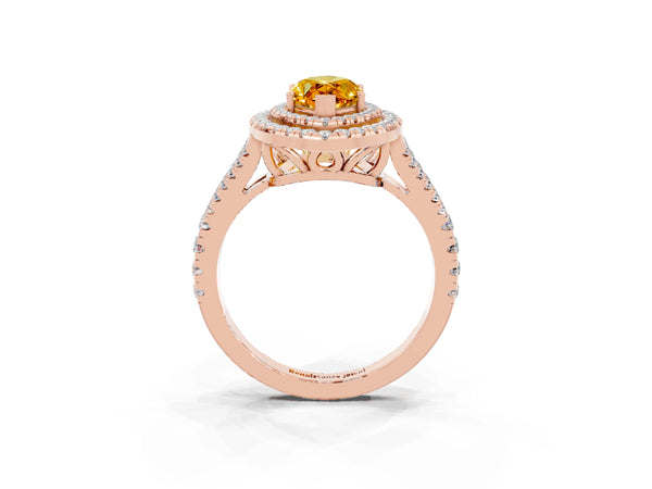 Rose gold Marquise Cut Citrine Double Halo Ring with Pavé Band and Prong Setting