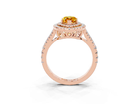Rose gold Marquise Cut Citrine Double Halo Ring with Pavé Band and Prong Setting_15