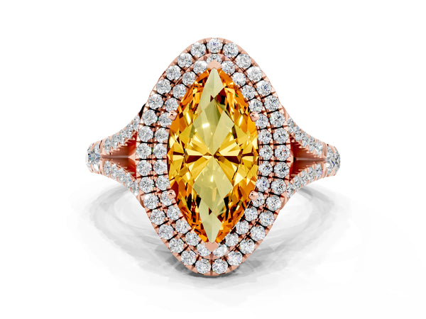 Rose gold Marquise Cut Citrine Double Halo Ring with Split Shank and Prong Setting