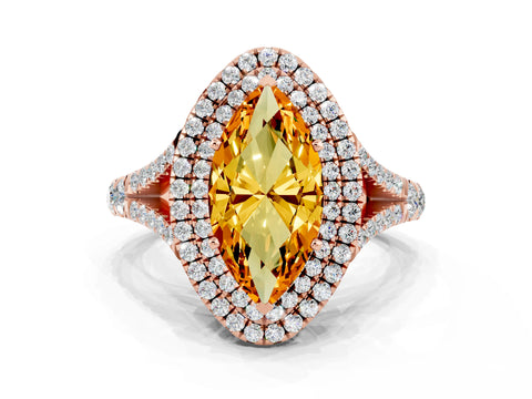 Rose gold Marquise Cut Citrine Double Halo Ring with Split Shank and Prong Setting_12