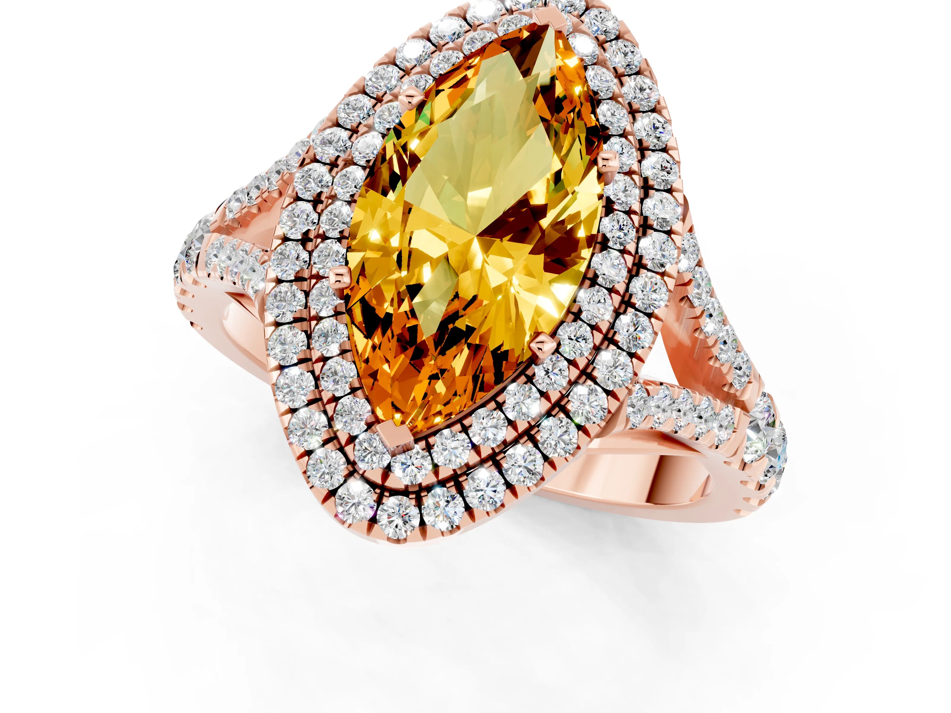 Rose gold Marquise Cut Citrine Double Halo Ring with Split Shank and Prong Setting_13