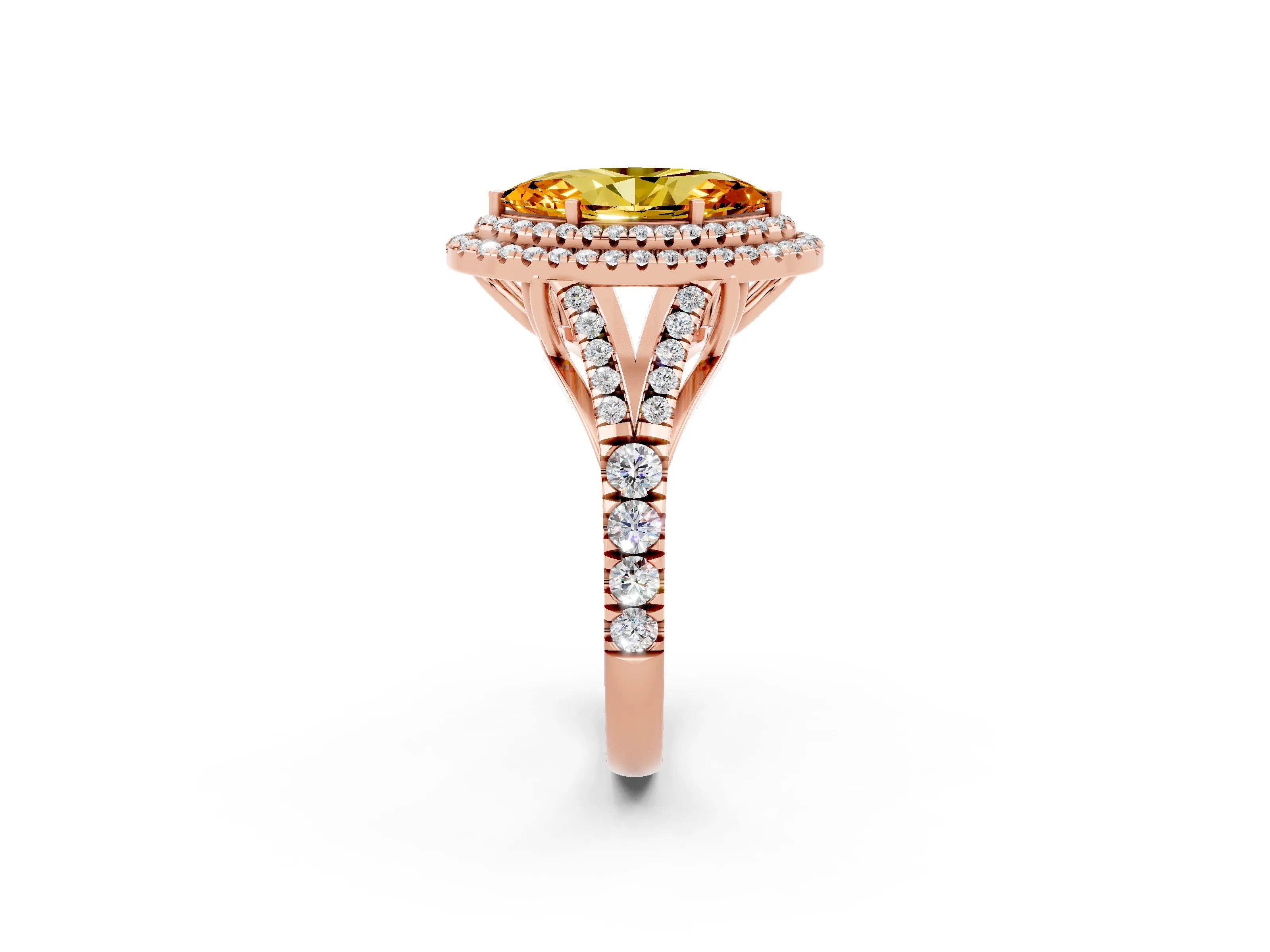 Rose gold Marquise Cut Citrine Double Halo Ring with Split Shank and Prong Setting_14