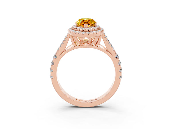 Rose gold Marquise Cut Citrine Double Halo Ring with Split Shank and Prong Setting