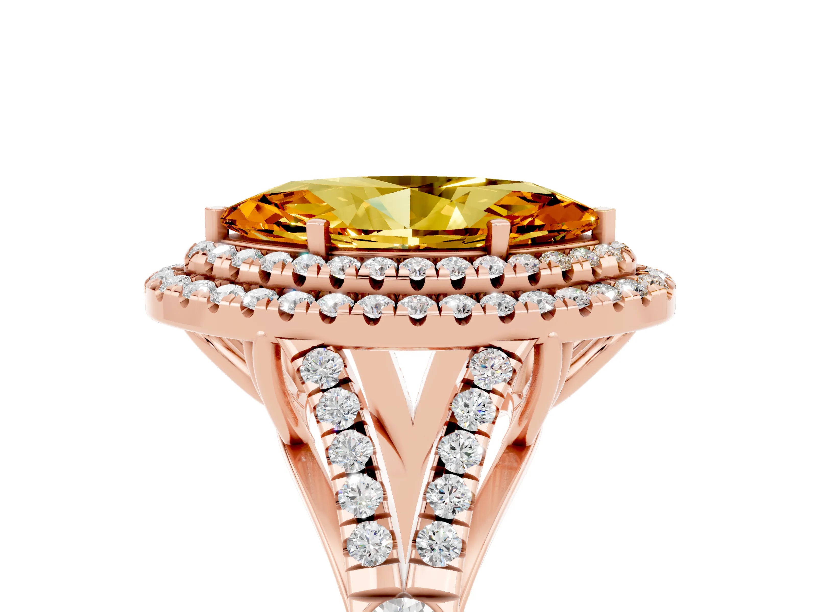 Rose gold Marquise Cut Citrine Double Halo Ring with Split Shank and Prong Setting_17