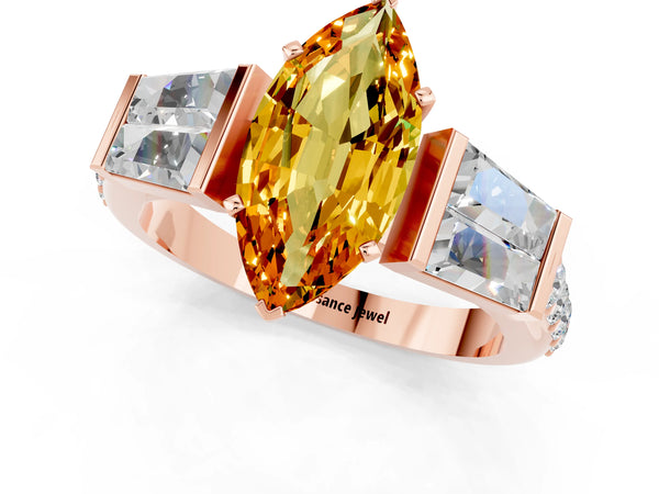 Rose gold Marquise Cut Citrine Engagement Ring with Baguette Side Stones and Channel Set Band