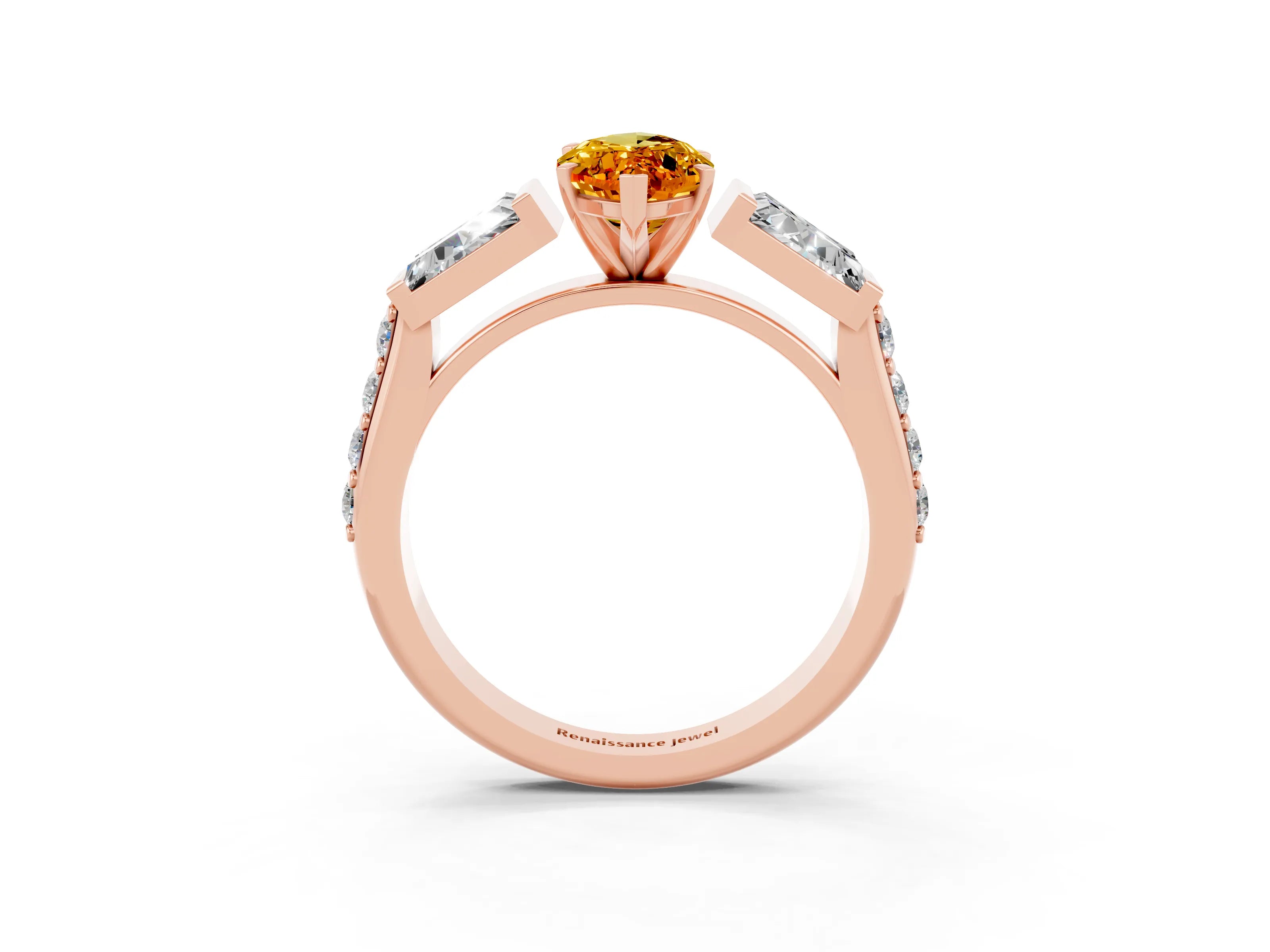 Rose gold Marquise Cut Citrine Engagement Ring with Baguette Side Stones and Channel Set Band_3