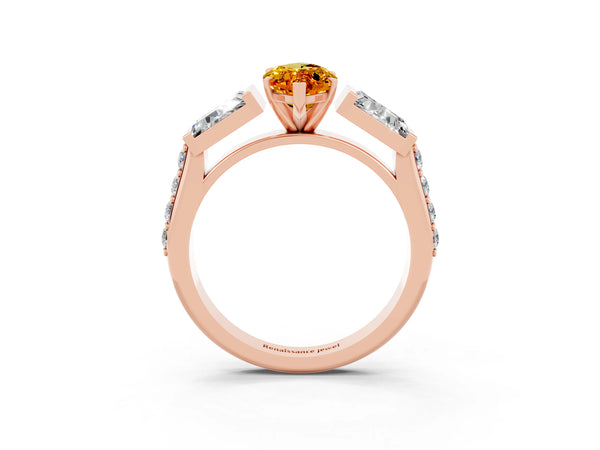 Rose gold Marquise Cut Citrine Engagement Ring with Baguette Side Stones and Channel Set Band